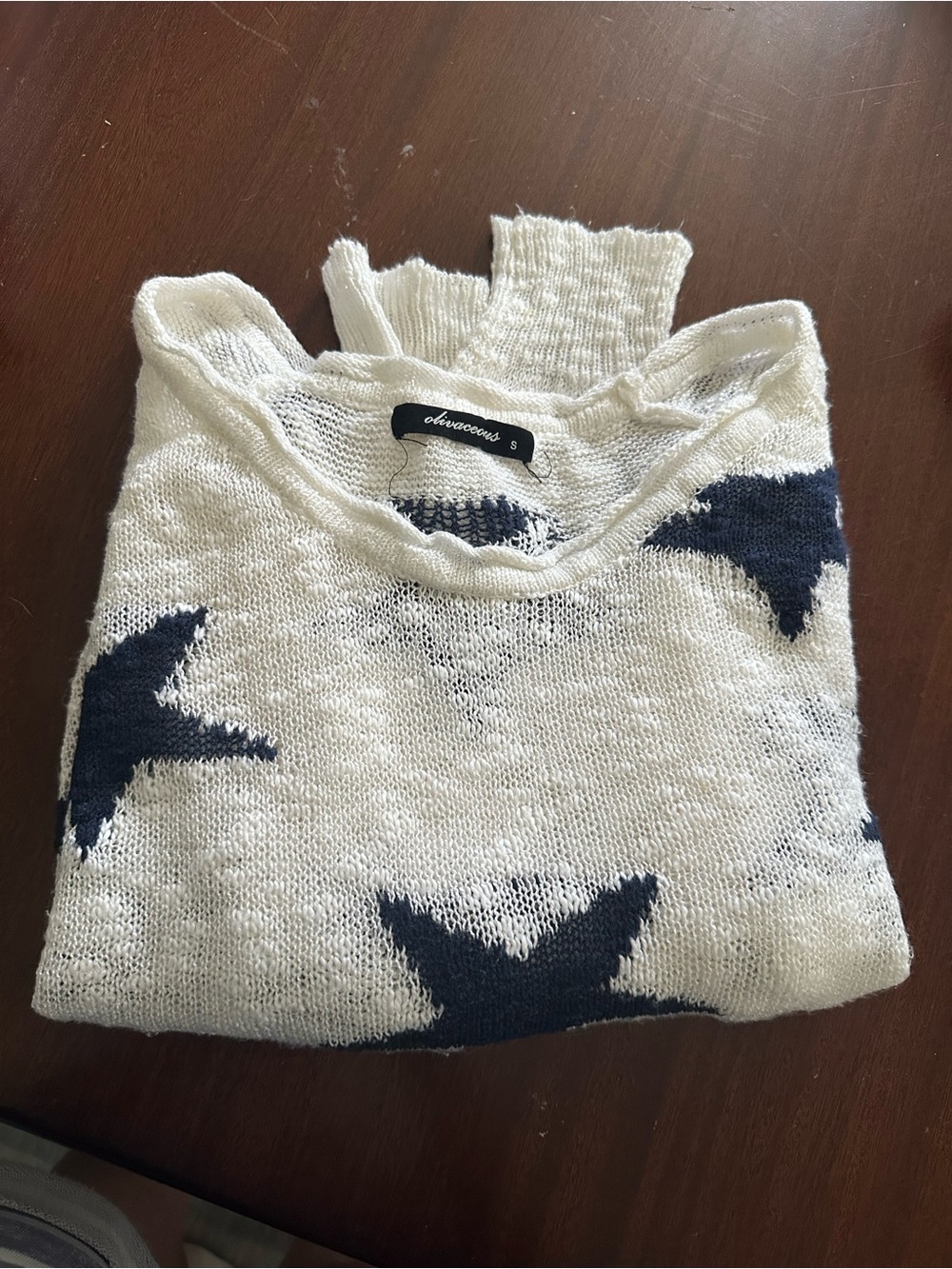 Cream Knit Sweater with Navy Star Pattern